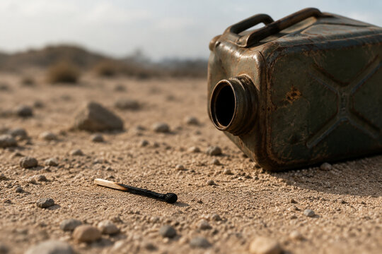 A burnt matchstick on sandy ground next to an empty metal can.
