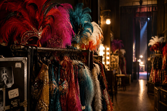 Backstage rack with colorful feather headdresses and sequined costumes in an old theater.