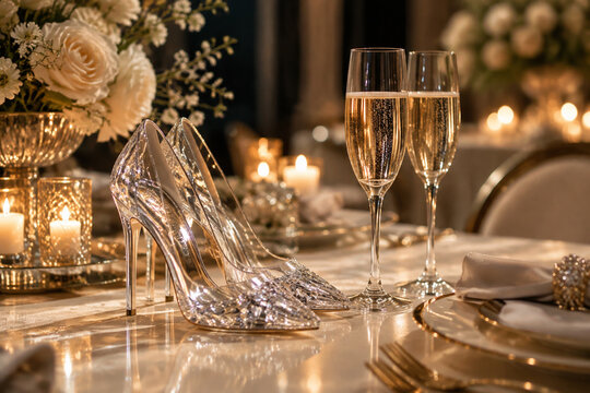 Crystal heels and champagne flutes on a banquet table.