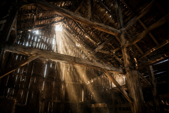 Sunlight streaming through the planks of an old wooden barn.