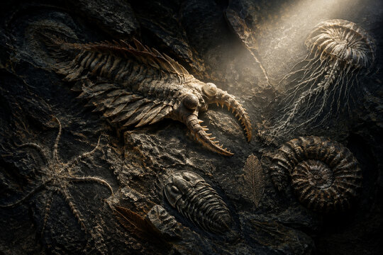 Ancient fossilized life forms emerging from stone in a beam of light.