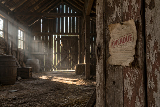 Empty abandoned barn interior with dust motes in sunbeams.