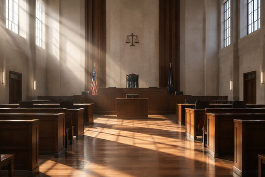 Empty courtroom with a tall judge's chair and rays of sunlight.