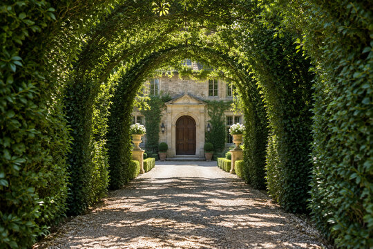 Arching privet hedges forming a green tunnel entrance to a historic estate.