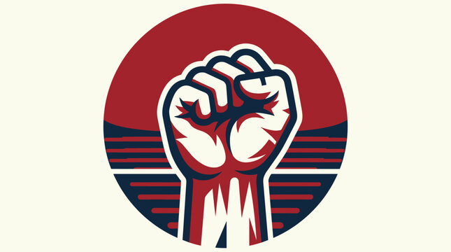 Stylized vector illustration of a clenched fist raised in solidarity, set against a circular backdrop with bold red and blue graphic elements for protest or power concepts.