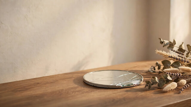 Broken mirror on wooden table with dried floral decorations
