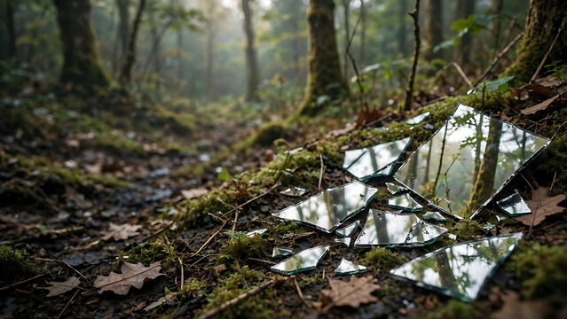 Broken mirror fragments reflecting trees on a damp forest ground