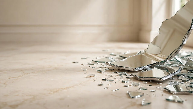 Broken mirror shards scattered across a polished marble floor