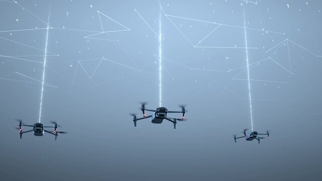 Digital animation of three quadcopter drones flying in formation while transmitting binary code to the cloud via glowing vertical data streams, ideal for a technology presentation backdrop.
