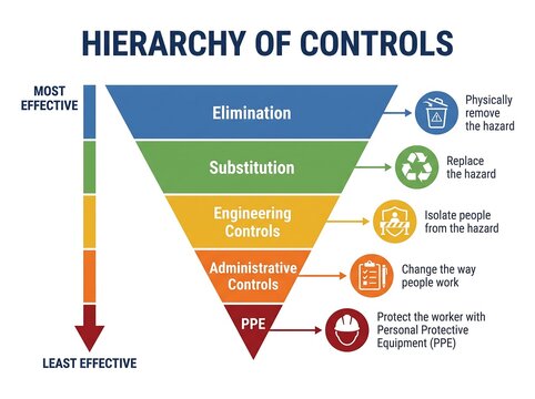 Workplace safety infographic displaying the Hierarchy of Controls pyramid from elimination to PPE. Vector illustration for risk management and OHS.