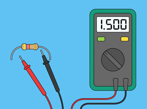 Digital Multimeter Illustration Measuring an Electronic Resistor Component - Ohm Meter and Resistance Concept in Flat Design