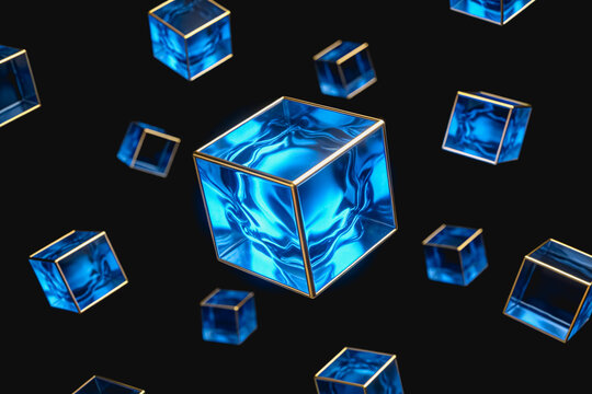 3D rendered glowing blue energy cubes with golden borders, floating in dark space as futuristic conceptual elements.