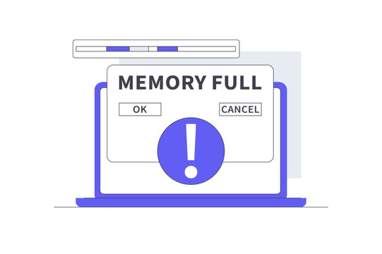 Full Memory Storage Limit and Computer RAM Exceeded Alert. Laptop Screen Displaying Memory Full Pop Up Dialog Window with Exclamation Mark Alert. Flat Cartoon Vector Illustration, icon Stylish web