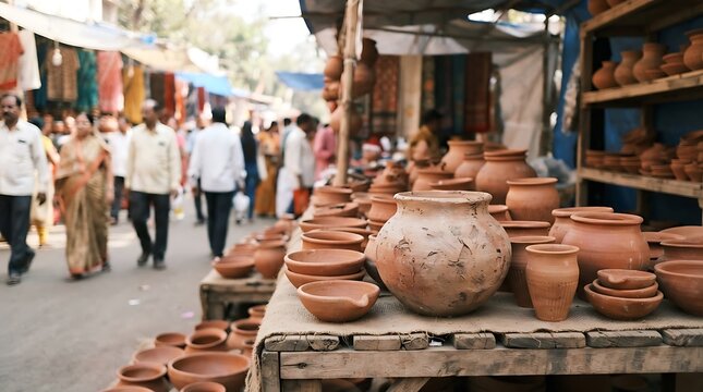 A bustling outdoor market street in india featuring rows of traditional handmade clay pots and earthenware displayed on wooden tables for sale today