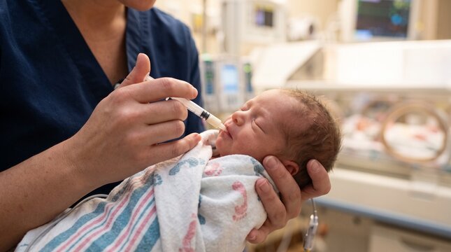 Neonatal Nurse Providing Careful Syringe Feeding for Premature Newborn
