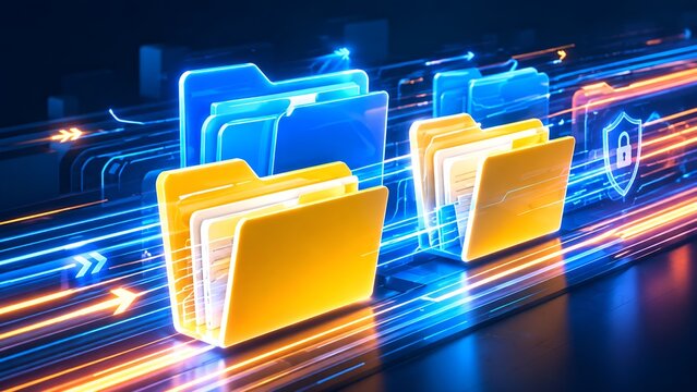 Glowing digital folders moving along high speed light streams with shield icon representing secure cloud data transfer and file sharing