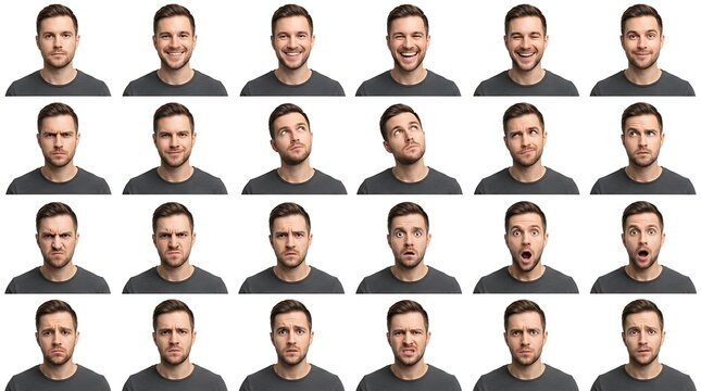 A collage of twenty-four portraits of the same young man displaying a wide variety of different facial expressions and emotions on a white background
