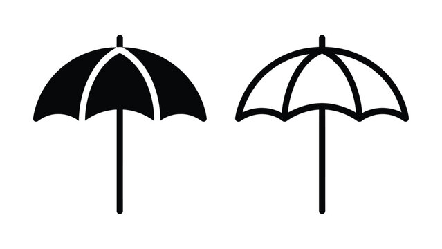 Beach umbrella parasol sun protection vector icon set bundle representing summer vacation canopy, rain weather cover, outdoor patio shade, tourism holiday relaxation, and sunshade shelter in outline a