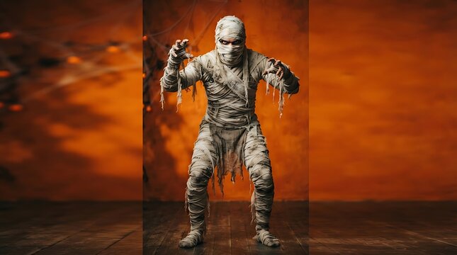 A person dressed in a full body mummy costume with bandages standing in a spooky pose in a dark room with orange lighting and cobweb decorations