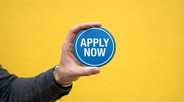 A person holding a blue circular sign with the text apply now, against a bright yellow background, representing job search and opportunities