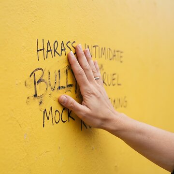 A person placing their hand on a yellow wall with negative words like bully, harass, and intimidate written in black marker, symbolizing anti-bullying