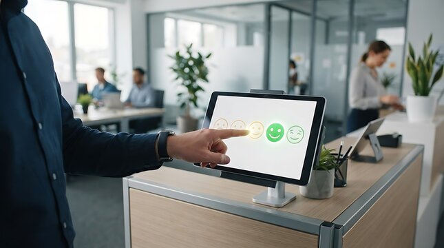 A person touching a digital feedback screen in an office, selecting a green happy face emoji to express satisfaction with the service provided