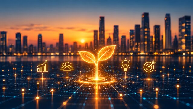 Holographic plant growing from digital grid with team and strategy icons symbolizing sustainable business networking and environmental corporate responsibility