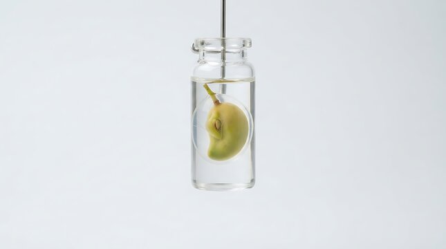 A single slice of green apple suspended inside a clear glass vial filled with liquid, isolated on a white background, for scientific research