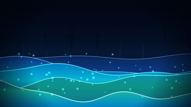 Serene 4K seamless motion graphic loop of flowing smooth liquid gradient waves in corporate blue and cyan symbolizing clean solar and renewable energy.
