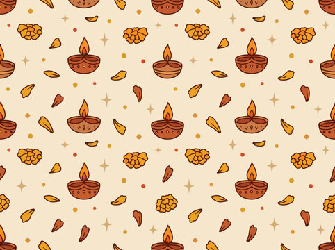 Festive seamless Diwali pattern with traditional diyas, flowers and ornaments