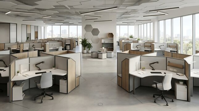 A spacious open-plan office interior with multiple workstations, grey cubicles, wooden accents, and large windows overlooking a bright city skyline