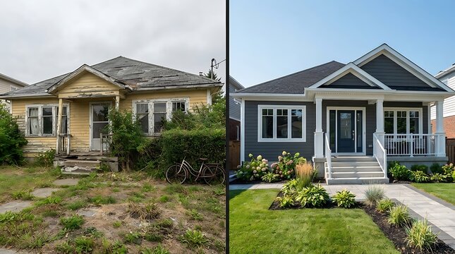 A split-screen comparison showing a dilapidated, yellow-painted house before renovation next to a fully restored, modern dark grey suburban home