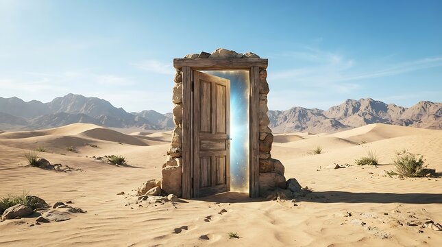 A weathered wooden door standing upright in the middle of a vast, sandy desert landscape under a bright blue sky with distant rocky mountains