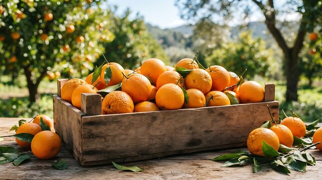 A wooden crate overflowing with fresh, ripe oranges with green leaves, set on a rustic table in an orchard with trees in the blurred background