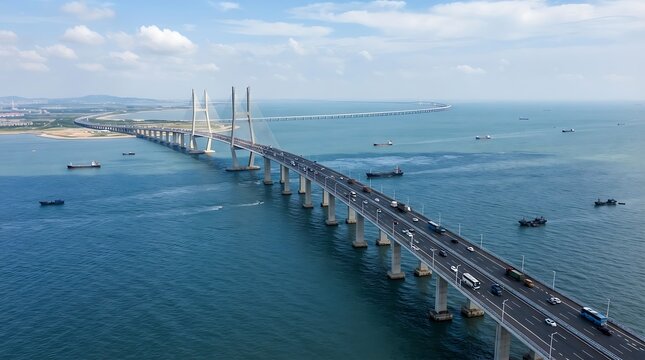 Aerial view of a long cable-stayed bridge spanning across the blue ocean with multiple cargo ships sailing in the distance under a clear sky