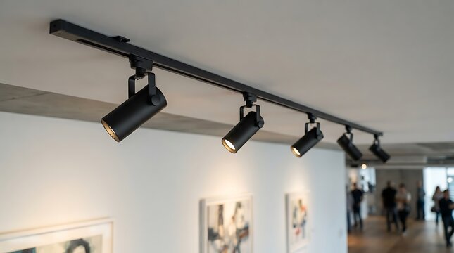 Black track lighting system with four adjustable spotlights mounted on a white ceiling in a bright, spacious gallery with blurred visitors