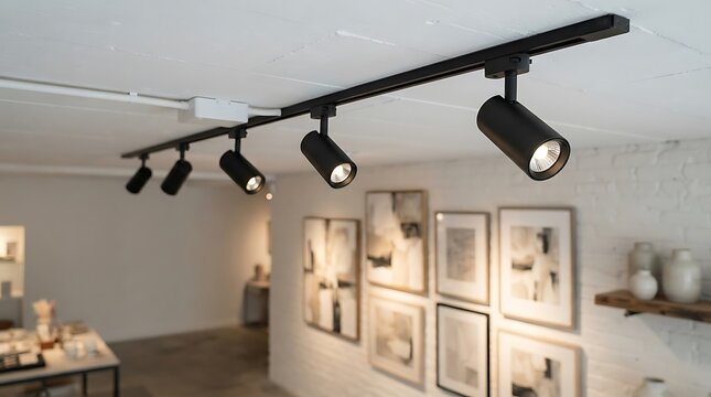 Black track lighting system with multiple spotlights mounted on a white ceiling in an gallery, illuminating framed on the wall