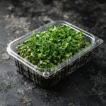 Fresh green pea microgreens growing in a clear plastic container with soil, placed on a dark, textured stone surface for food