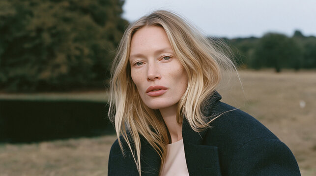 Blonde woman in dark coat standing outdoors in a windy field