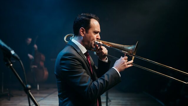 Jazz performer playing trombone on stage during live music concert