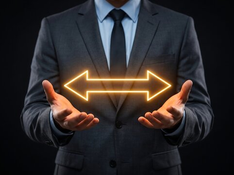 Businessman in gray suit holding glowing orange double headed arrow in open palms on dark background, business choice concept, decision making, options, balance, compare and change