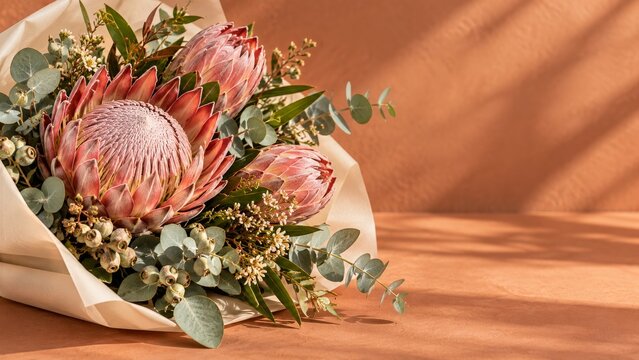 Pink protea wrapped in ivory paper against terracotta with copy space
