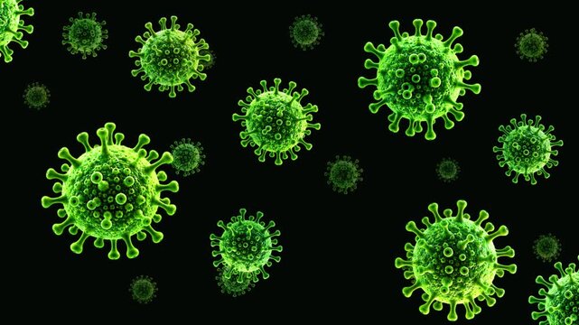 Green Virus 3D Motion Background Seamless Loop: Realistic Microbe Cells Floating on Black