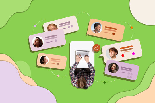 Overhead view of professional typing amid graphic profile cards and message bubbles on green background. Professional networking, recruitment communication, HR collaboration concept.