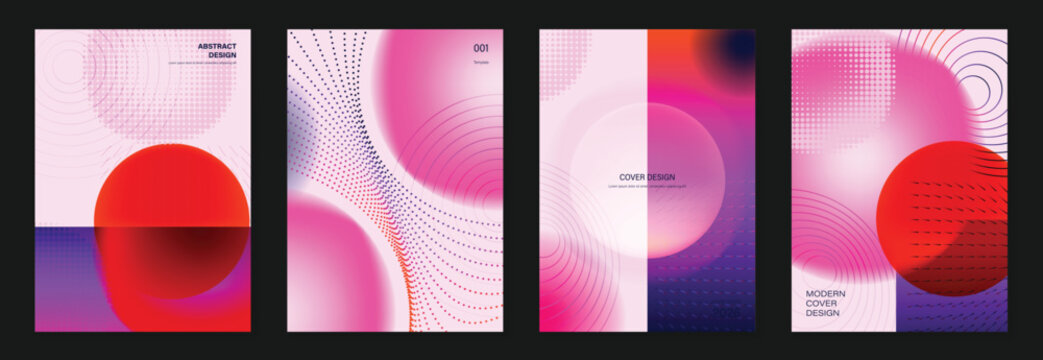 Pink Red Gradient Poster Set Vector with Soft Halftone Curves, Circular Shapes and Contemporary Geometric Layout for Modern Branding, Editorial Cover, Wall Art, Fashion Promotion, Graphic Print Design