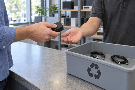 A Customer Returns a Power Adapter for Electronics Recycling