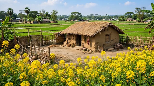Traditional mud house surrounded by yellow mustard flowers and green paddy fields