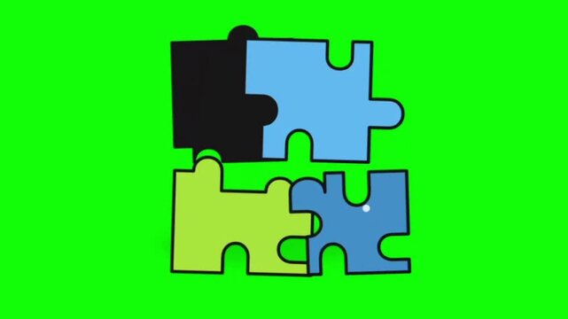 Four Piece Jigsaw Puzzle Animation Icon with Interlocking Colorful Pieces on Green Screen Background