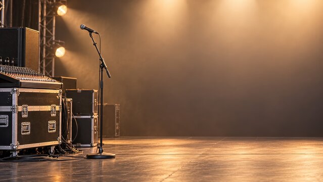 Microphone flight cases and audio equipment on an amber lit stage