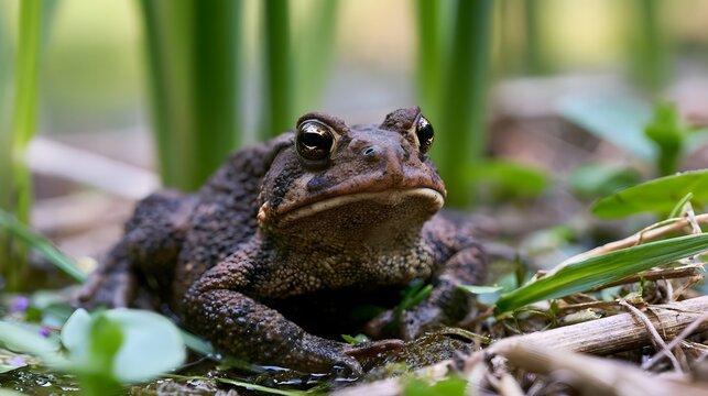 A close up of a toad resting among green grass and wet soil in a natural outdoor setting with soft lighting